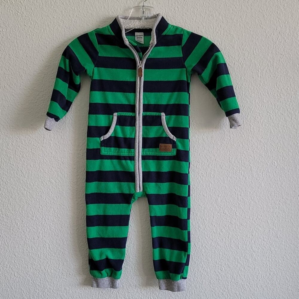 CARTER'S Jumpsuit Sleeper Striped Fleece Zippered Velour Sherpa Size 24M Navy